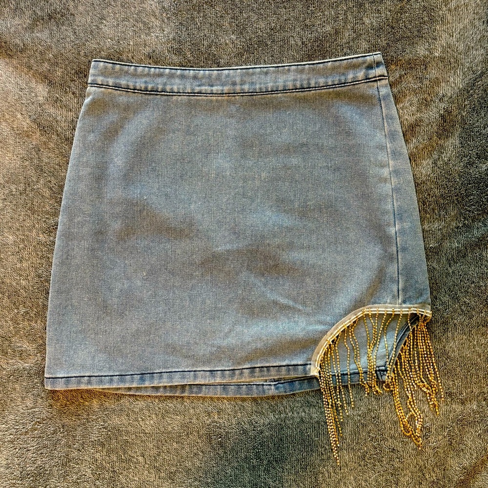 Denim mini skirt with fringe